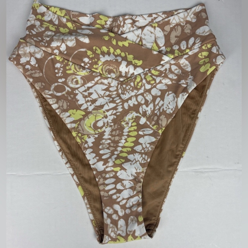 Aerie Women's Medium Bikini Bottom Tribal Tan White High Waist Swimsuit New Tags